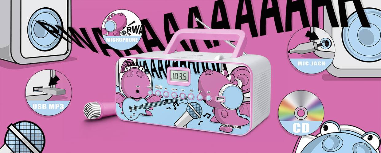 Muse M-29 KDG Kinder CD-Player CD, UKW, USB Inkl. Mikrofon Pink