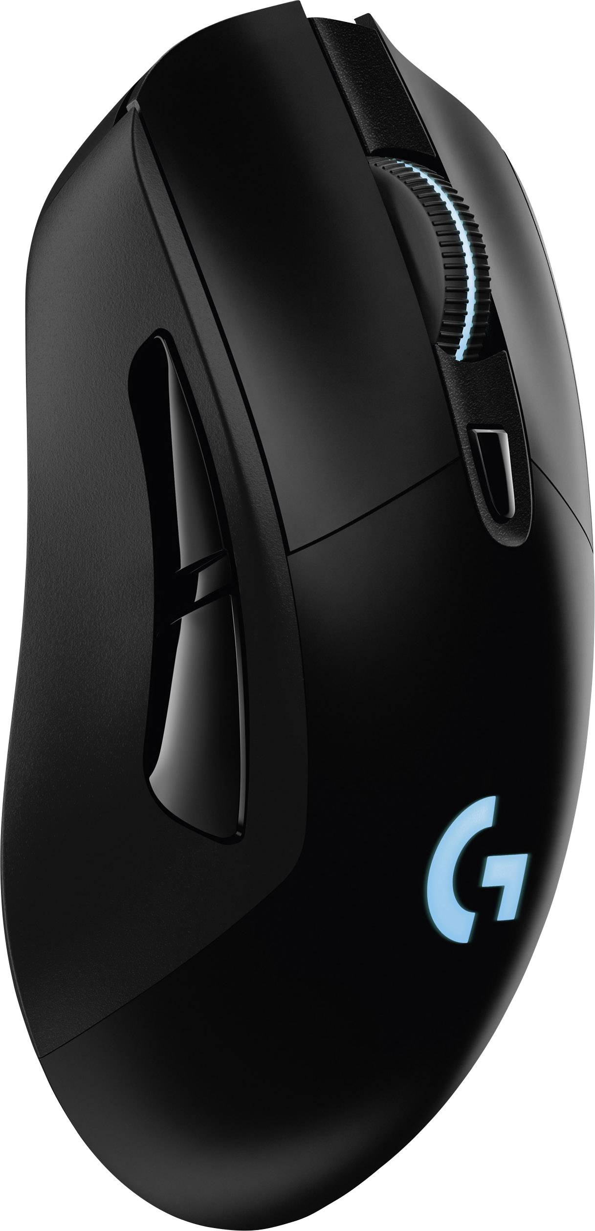 Schwarze, ergonomische Gaming-Maus mit blauer, leuchtender 'G'-Logo, Mausrad und seitlichen Tasten, geeignet für Rechts- und Linkshänder.
