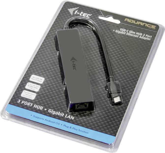 Verpackter USB-C-Hub mit drei Anschlüssen und Gigabit LAN, Marke i-tec, geeignet für Android, Plug & Play-Funktion.