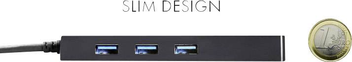 USB-Hub mit drei USB-Anschlüssen im schlanken Design, neben einer Euro-Münze zum Größenvergleich, mit dem Text 'SLIM DESIGN'.
