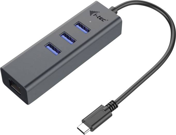 Ein USB-C-Hub mit drei USB-Anschlüssen und einem Ethernet-Port.
