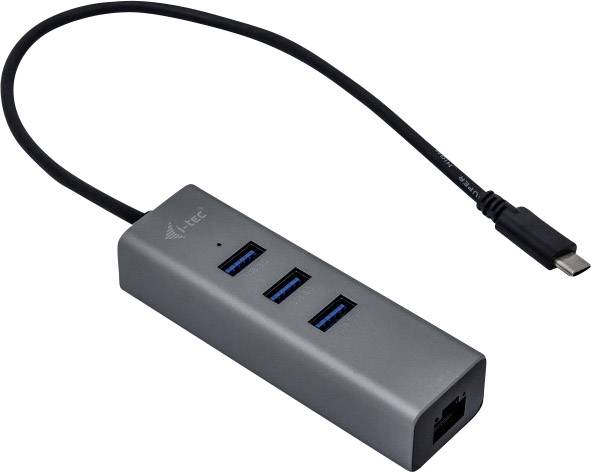 Grauer USB-C-Hub mit drei blauen USB 3.0-Anschlüssen und einem Ethernet-Port.