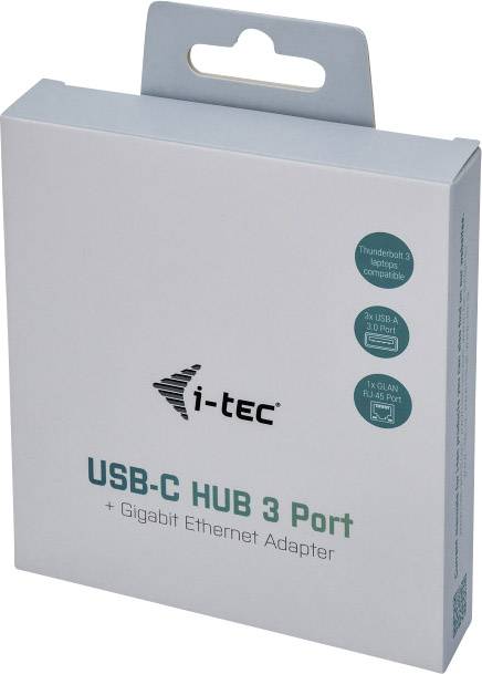 USB-C Hub mit 3 Ports und Gigabit Ethernet Adapter. Verpackung zeigt i-tec-Logo. Kompatibel mit Thunderbolt 3.