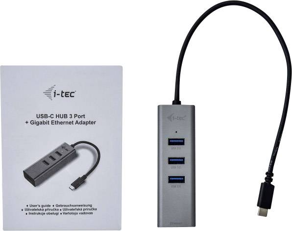 USB-C Hub mit drei USB-3.0-Ports und einem Gigabit-Ethernet-Anschluss. Verpackung mit Benutzerhandbuch sichtbar.