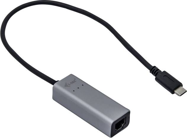Ein silberner USB-C-auf-Ethernet-Adapter mit schwarzem Kabel. Adapter hat drei LED-Anzeigen und ermöglicht Ethernet-Verbindung über USB-C.
