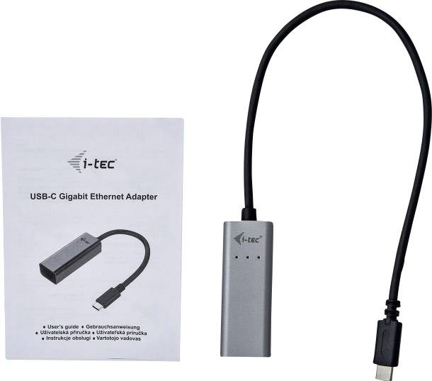 'USB-C Gigabit Ethernet Adapter' Verpackung mit grauem Adapter und USB-C-Stecker, geeignet für kabelgebundene Netzwerkverbindungen.