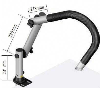Lüftungsarm mit Schläuchen und Gelenken, Maße: 390 mm, 231 mm, 213 mm. Befestigt an einem Tisch, flexibles Rohrende für Abluft.