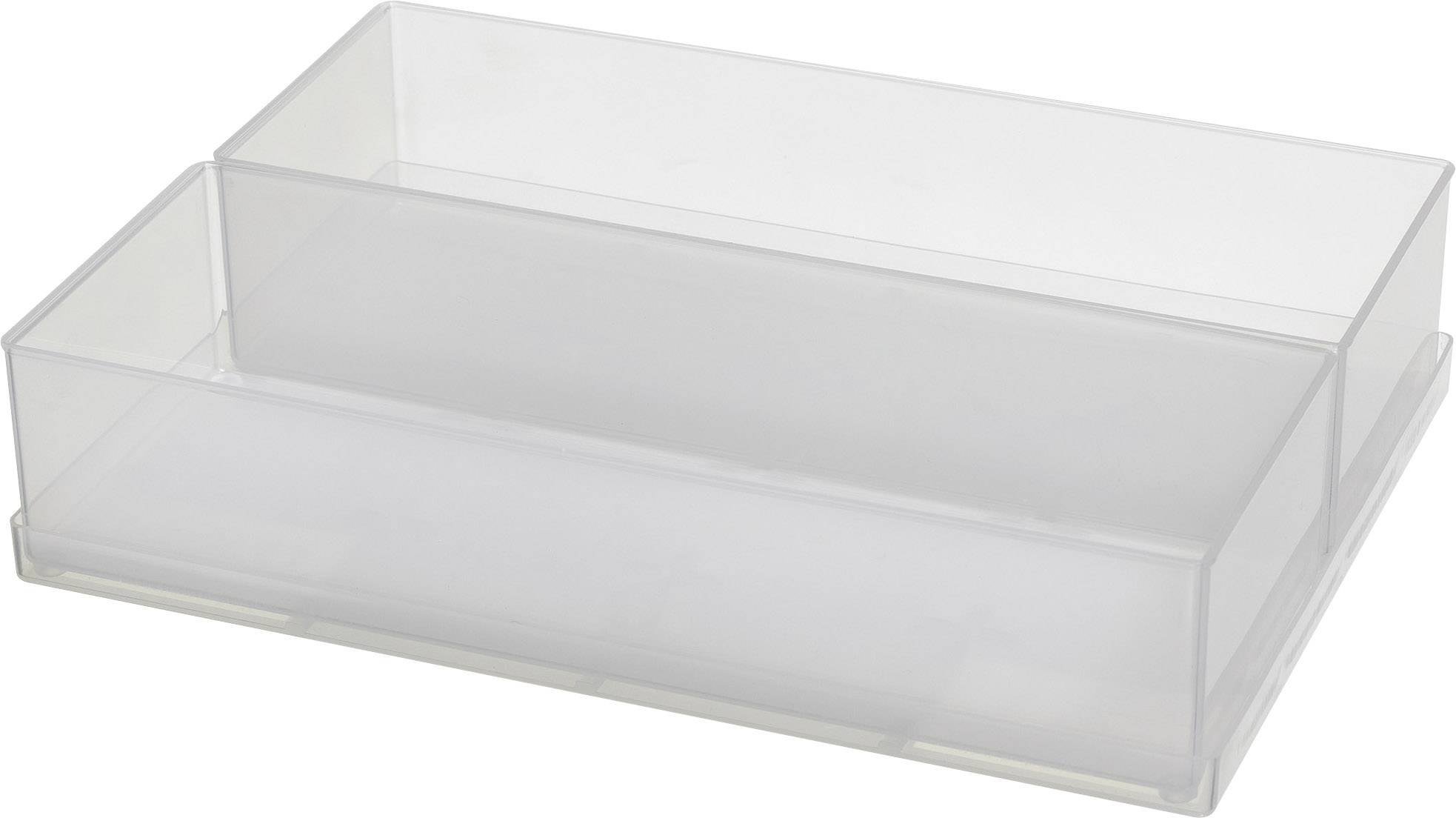 Transparenter, rechteckiger Kunststoff-Organizer mit zwei Fächern, ideal zur Aufbewahrung von kleinen Büromaterialien oder Kosmetik.