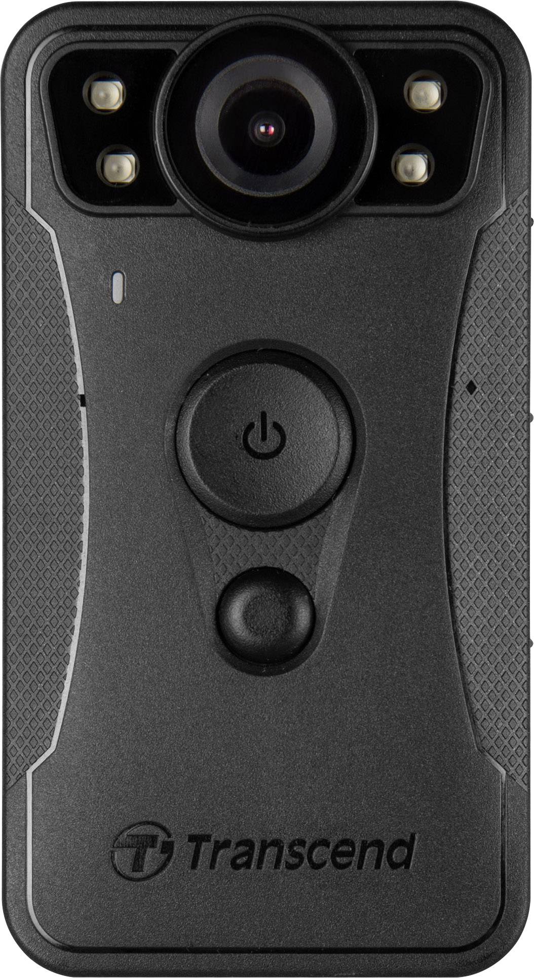 Eine schwarzgraue, tragbare Kamera mit einem großen Objektiv in der Mitte, zwei kleineren Lichtern und einem Power-Button darunter.