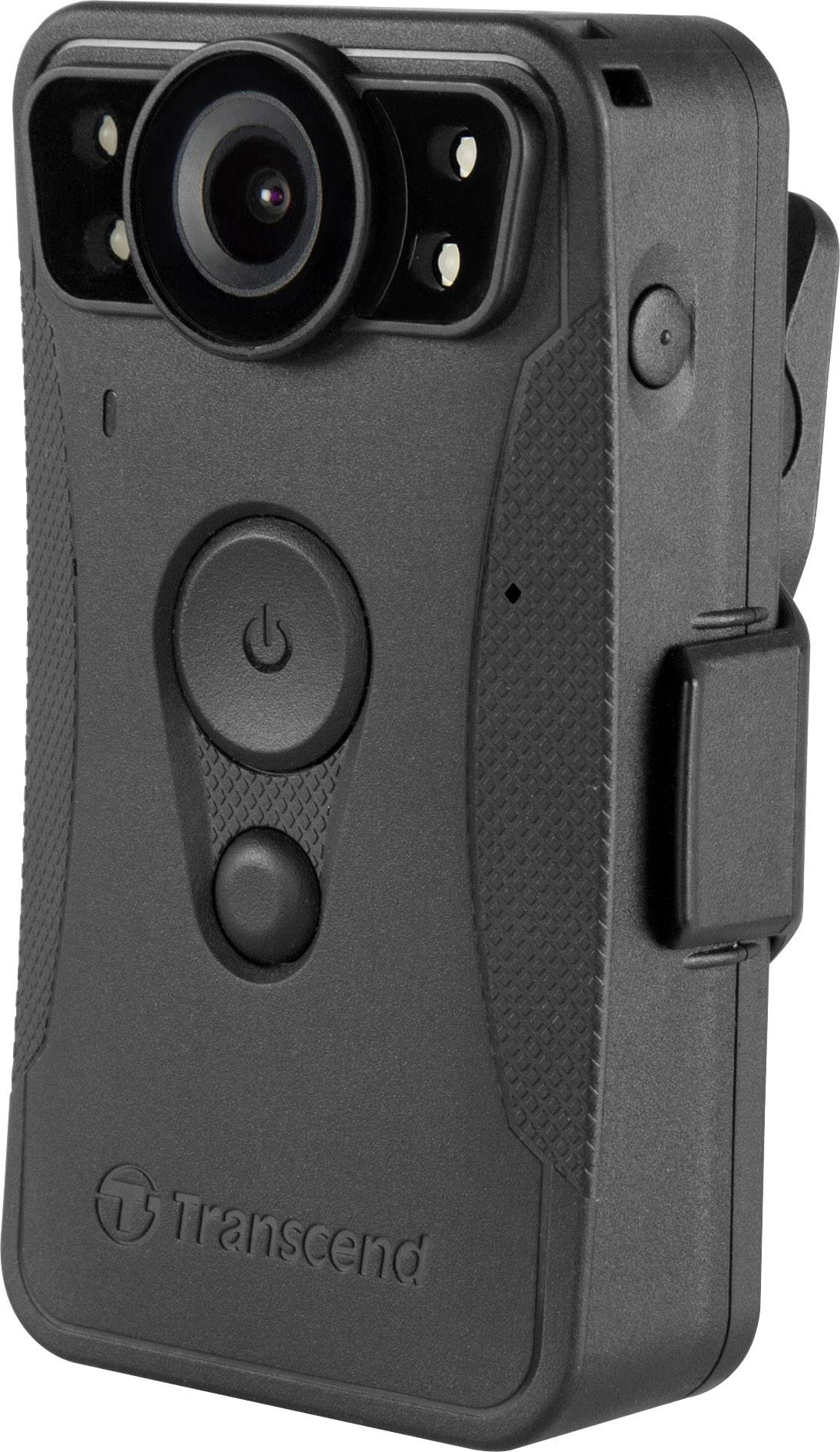 Eine schwarze Bodycam mit zwei Tasten und einer Linse auf der Vorderseite, hat einen Clip an der Seite zur Befestigung.