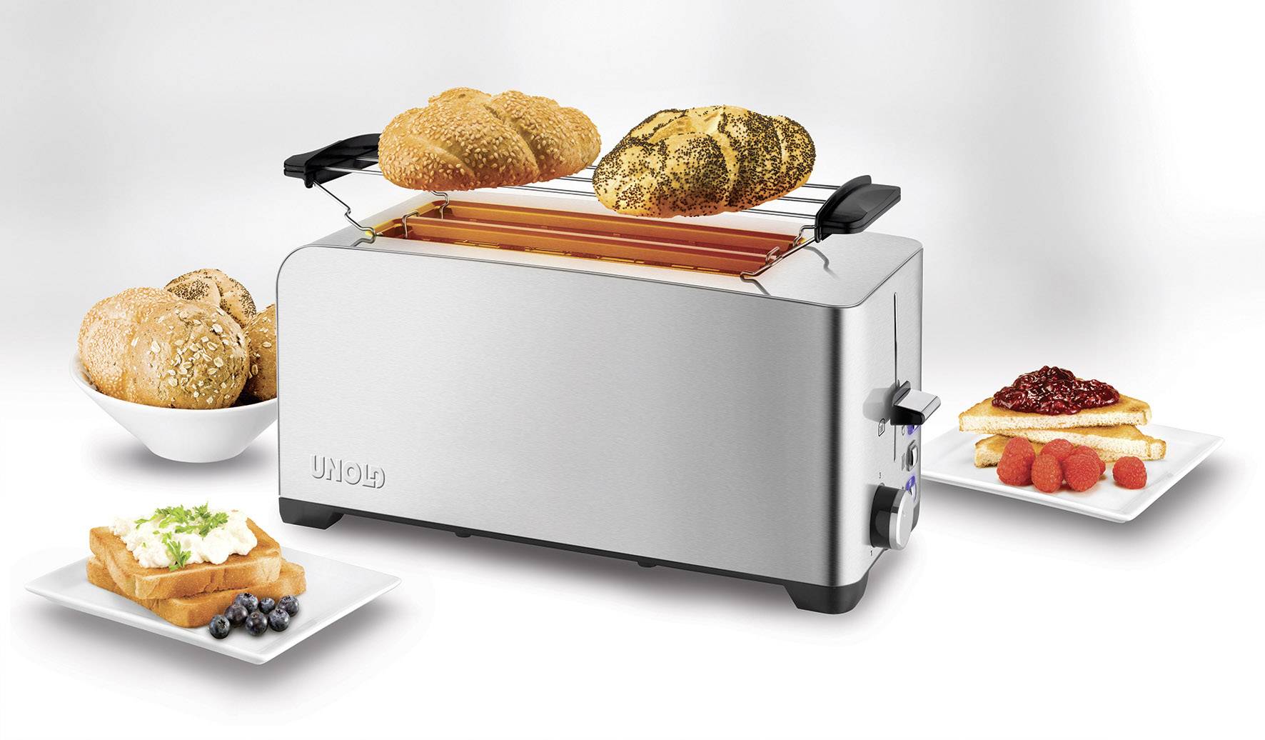 Unold 38356 Doppel-Langschlitztoaster mit Brötchenaufsatz Edelstahl