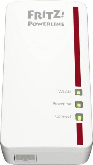 'FRITZ! Powerline'-Adapter mit Leuchtanzeigen für WLAN, Powerline und Connect. Ethernet-Anschluss unten. Weißes, rechteckiges Design.