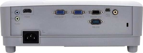 Rückseite eines Projektors mit Anschlüssen: HDMI, Audio, zwei Computeranschlüsse, Monitor Out, RS-232 und Video.