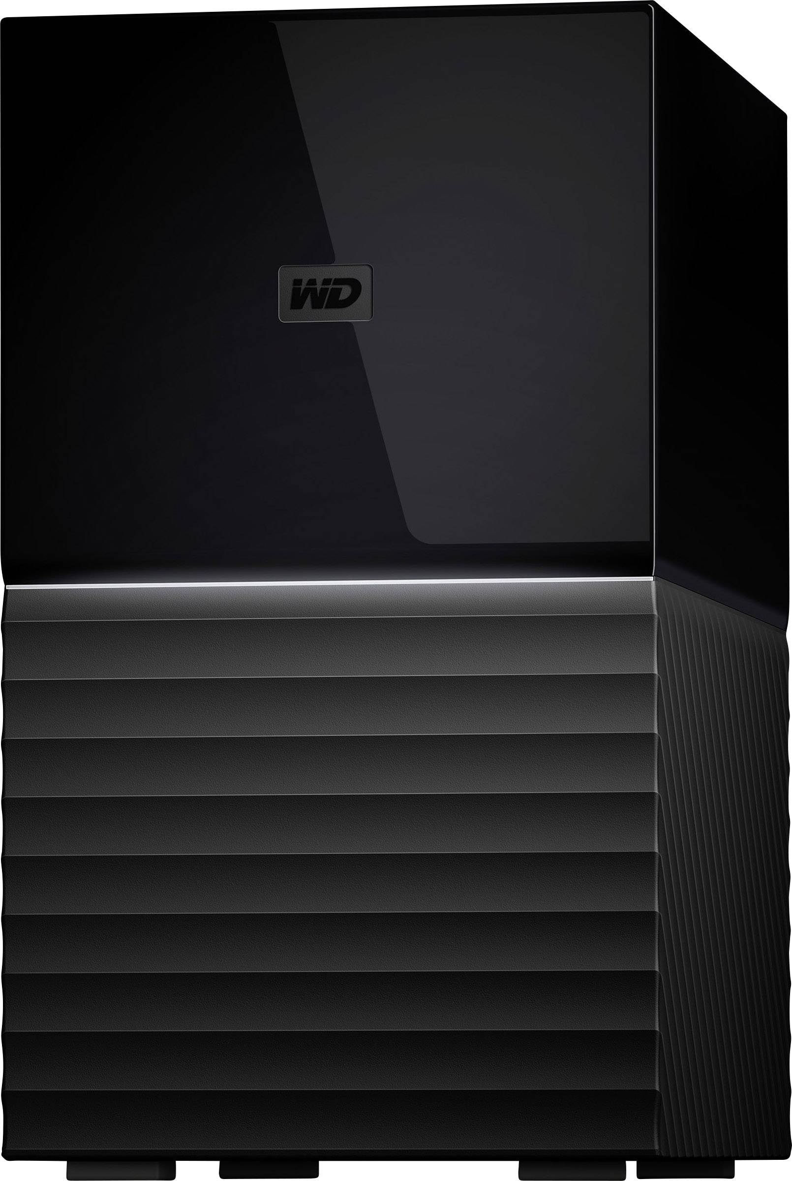 Externe Festplatte mit glänzender Oberfläche und markantem Design. Markenlogo auf der Vorderseite sichtbar.