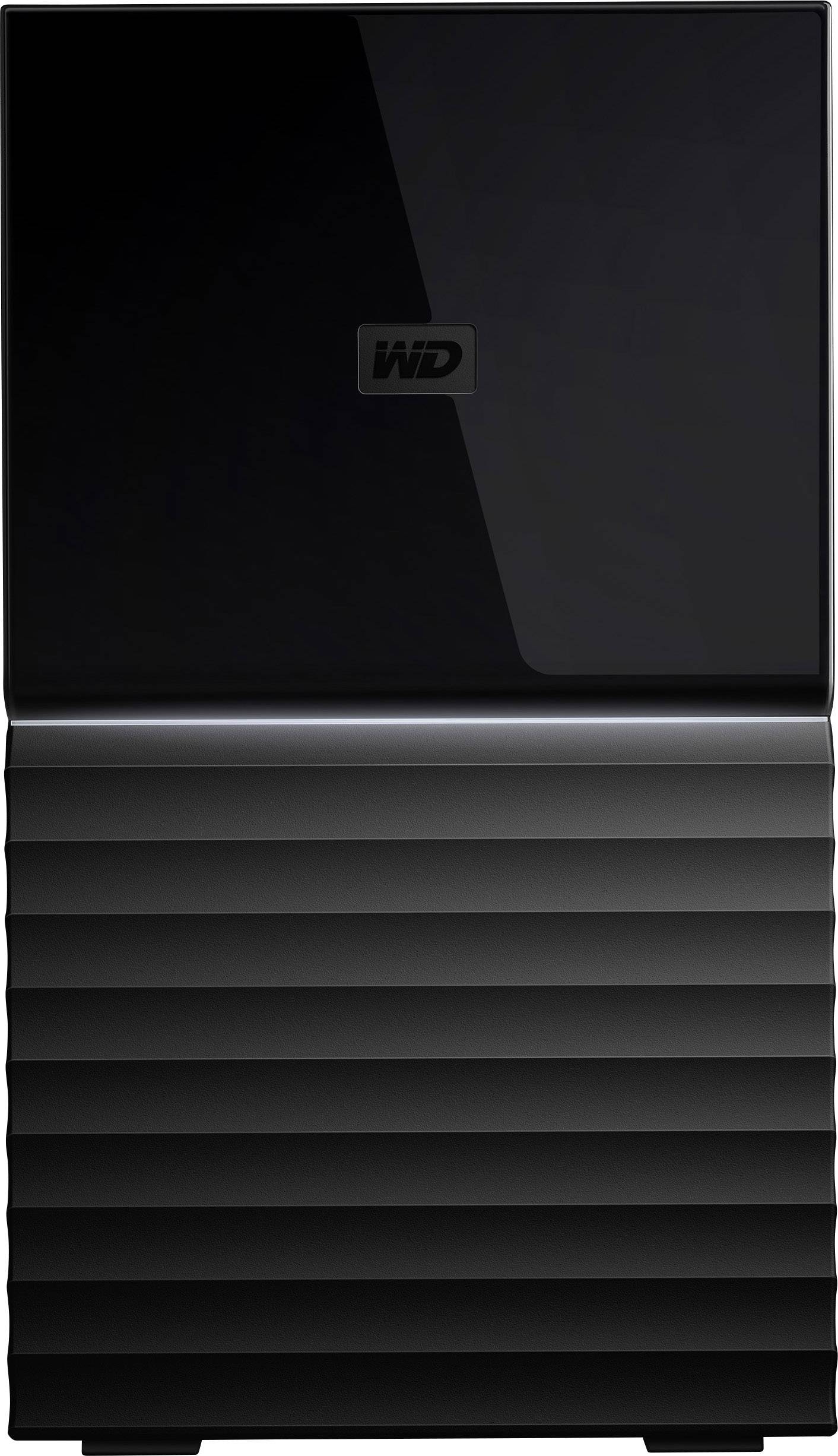 Externe Festplatte in Schwarz mit wellenförmigem Gehäuse und dem Logo 'WD' auf der oberen Hälfte.