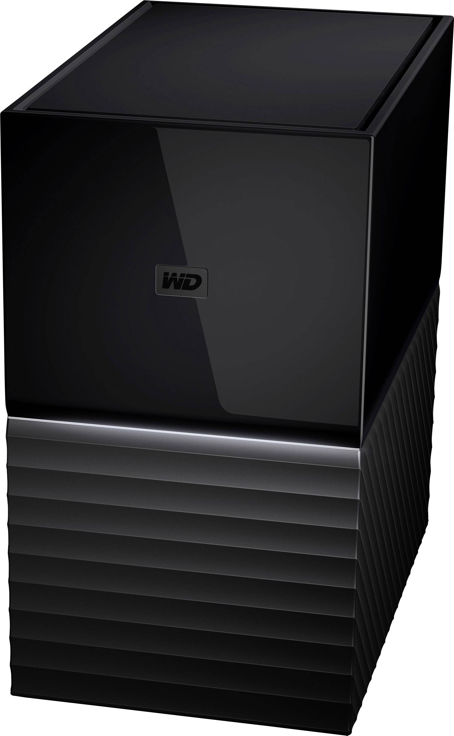 Externes Festplattenlaufwerk mit glänzender schwarzer Oberfläche und geriffeltem Design unten; Marke 'WD' sichtbar.