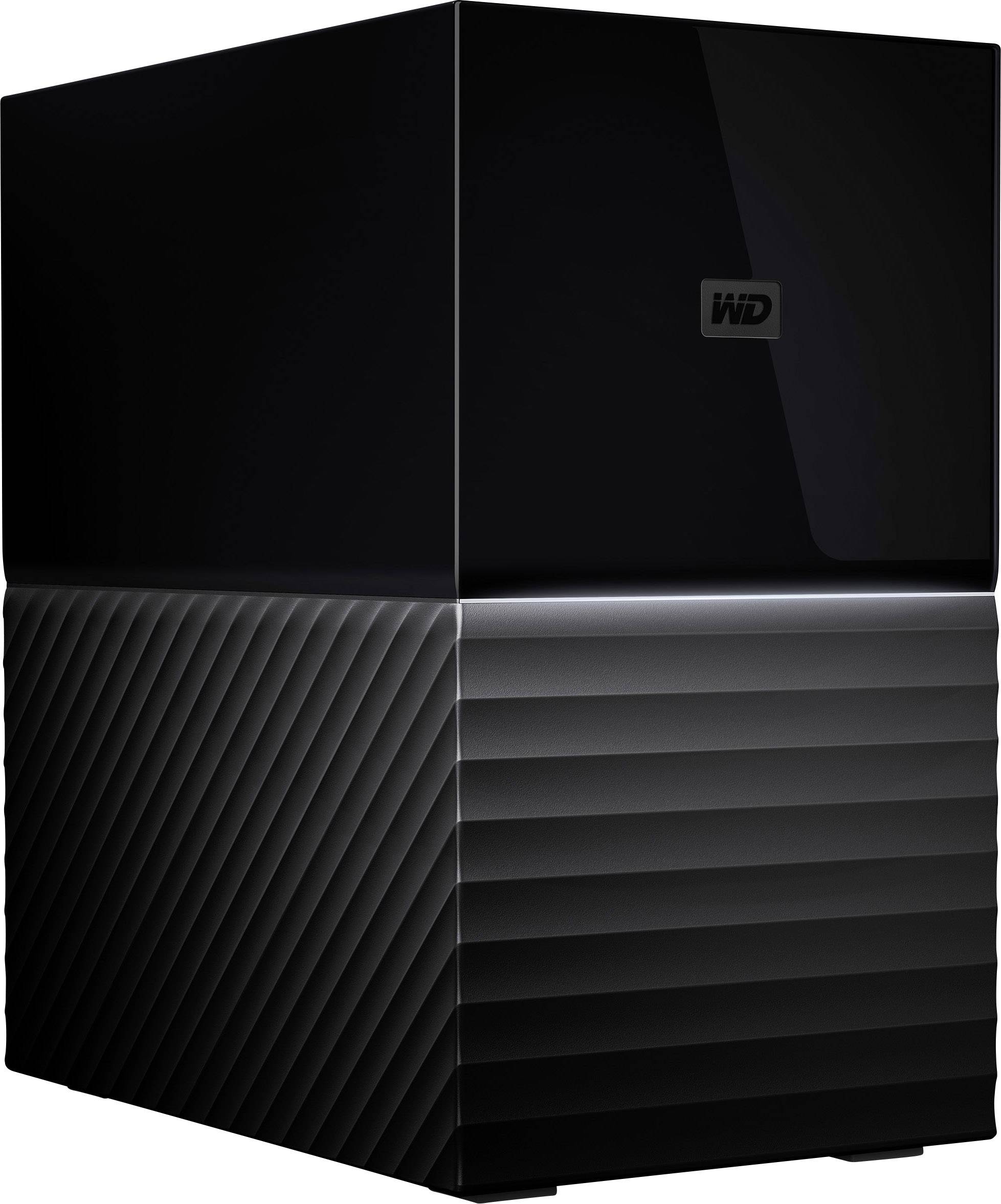 Ein schwarzes, glänzendes, vertikal stehendes Speichermedium mit WD-Logo. Es hat eine gerillte untere Hälfte und glatte obere Hälfte.