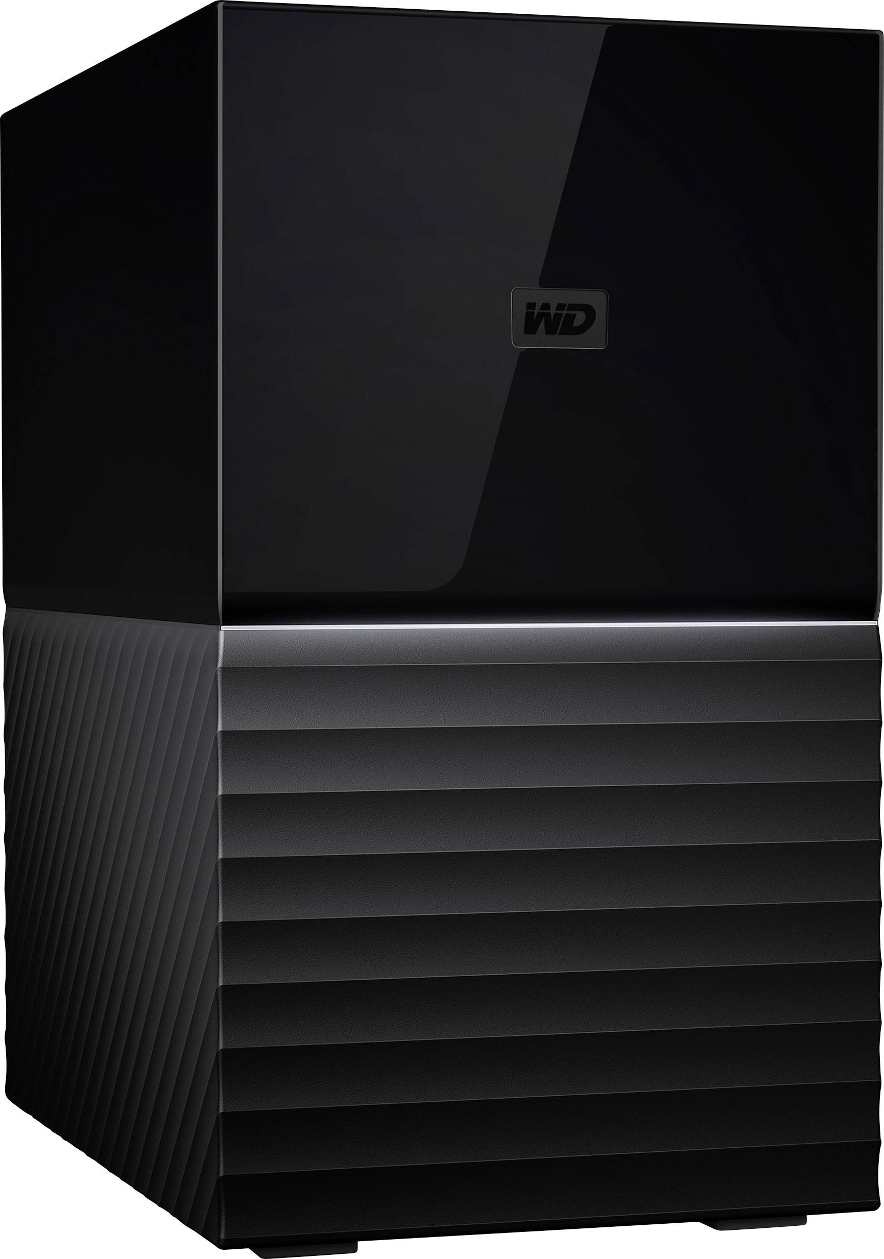 Ein schwarzes, würfelförmiges externes Festplattengehäuse mit dem Logo 'WD' auf der Vorderseite. Geeignet zur Datensicherung.