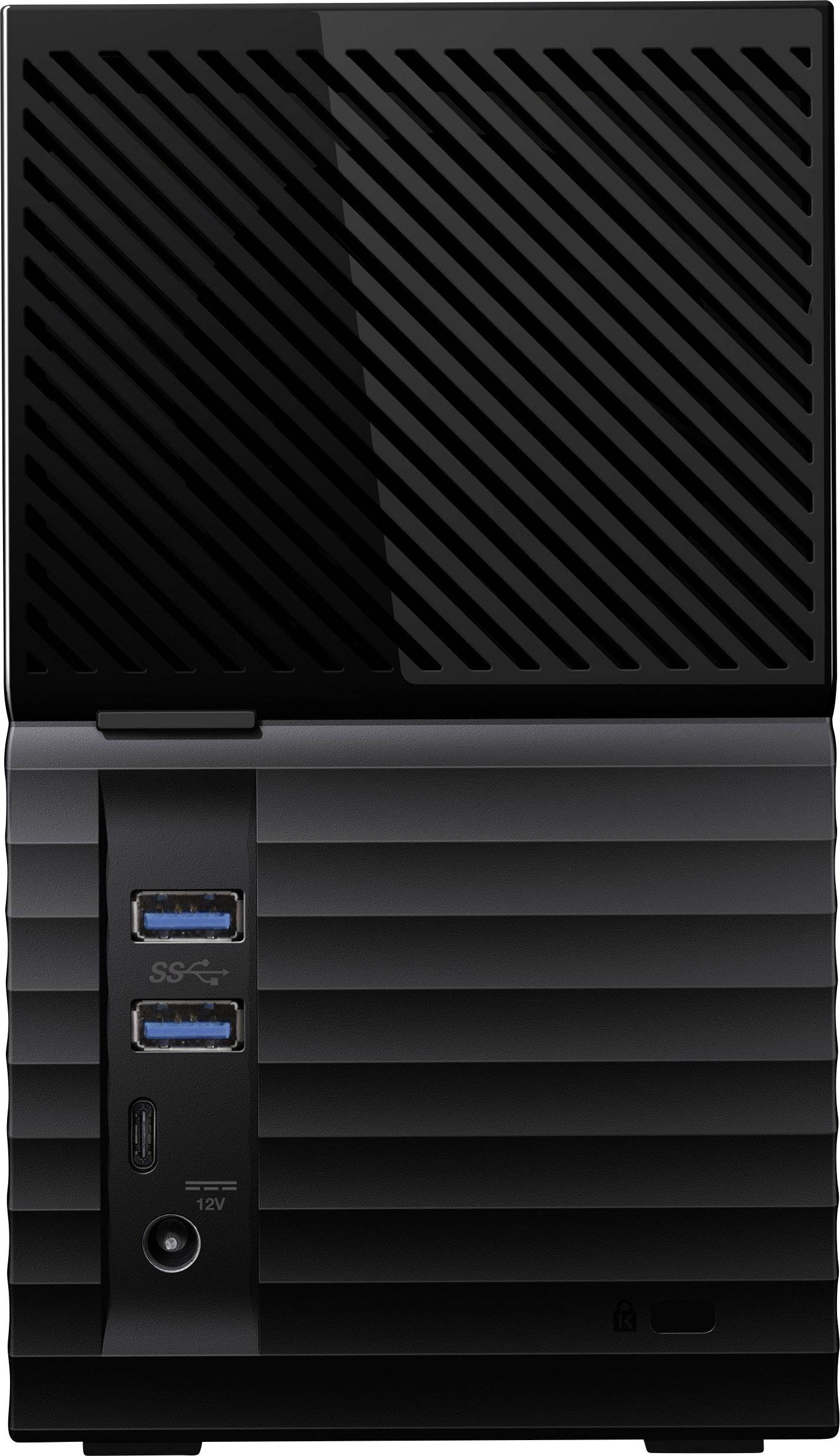 Externe Festplatte in Schwarz mit horizontalen Linien, USB-Anschlüssen und Stromanschluss an der Vorderseite.