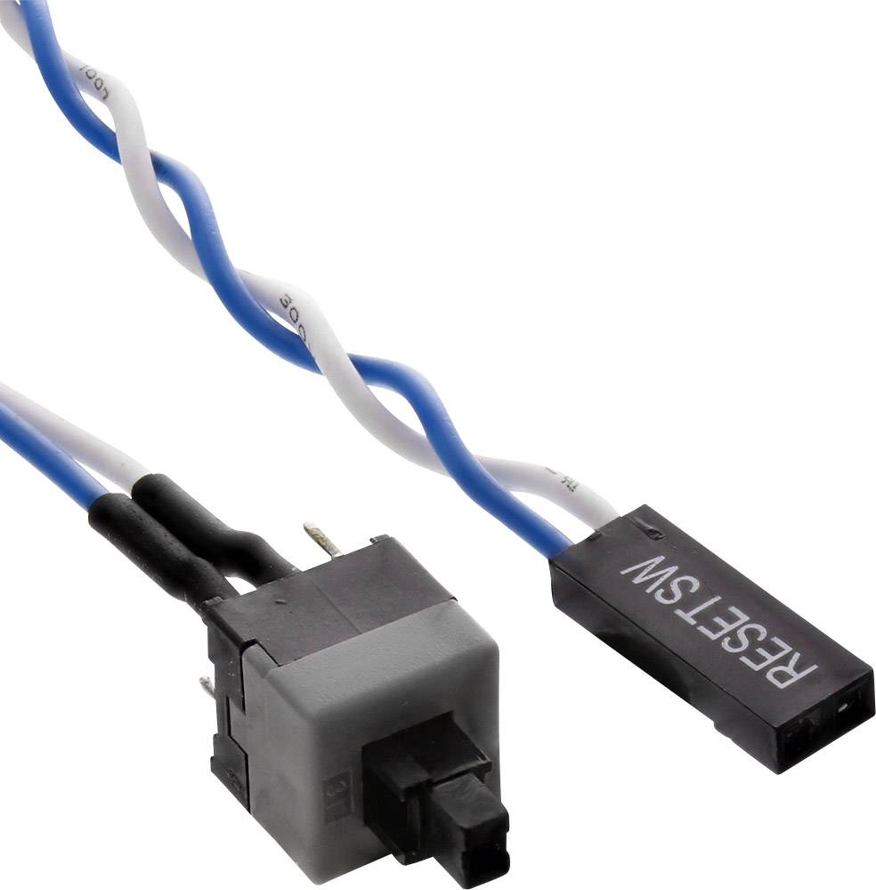 Reset-Schalter mit blau-weißem Kabel, rechteckiger Stecker und schwarzer Knopf. Verwenden in PC-Gehäusen zur Systemneustart.