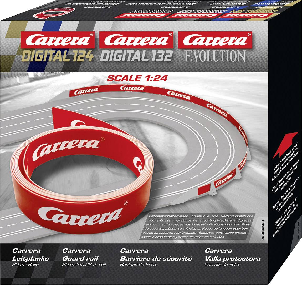 Carrera-Rennbahn-Set in einer Verpackung mit Bild einer Rennstrecke und den Aufschriften 'Digital 124', 'Digital 132', 'Evolution', 'Scale 1:24'.