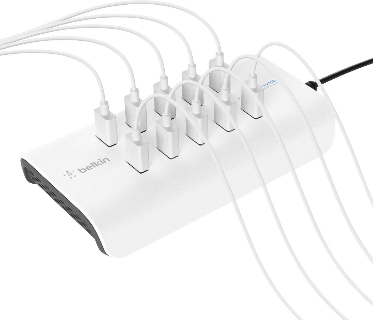Mehrfachsteckdose mit zehn USB-Anschlüssen, alle belegt durch weiße Kabel.