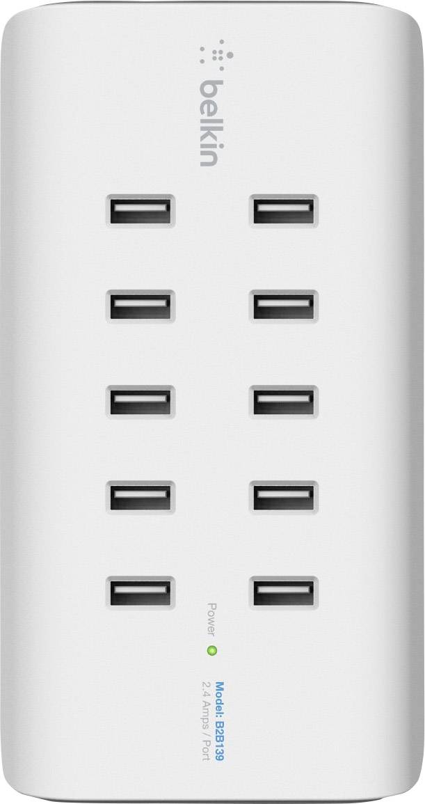 Ein weißes USB-Ladegerät von Belkin mit zehn USB-Anschlüssen, geeignet für das gleichzeitige Laden mehrerer Geräte.