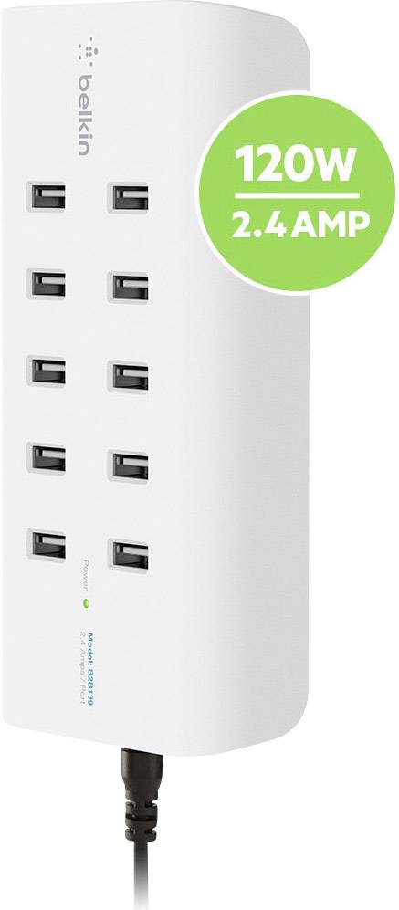 Mehrfach-USB-Ladegerät mit acht Anschlüssen, 120W, 2,4 A. Weißes Gerät mit schwarzem Kabel, grünem Aufkleber oben rechts.