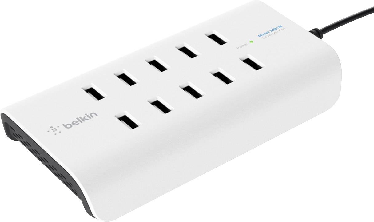 Weiße Steckdosenleiste mit acht Steckplätzen von Belkin, ein Netzschalter und ein Kabel an der rechten Seite.