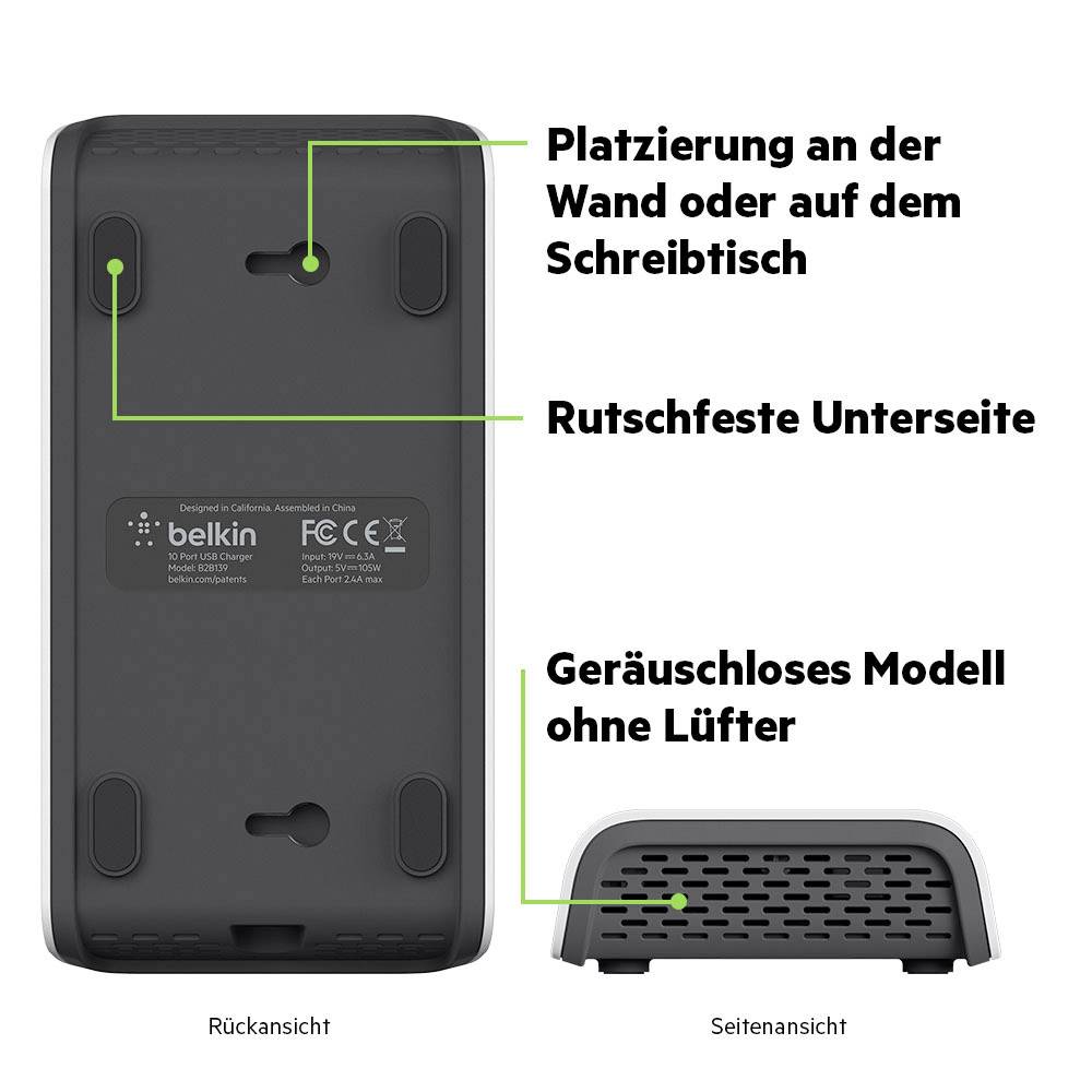 Rückansicht eines Belkin-Geräts mit rutschfester Unterseite und Option zur Wand- oder Schreibtischmontage. Geräuschloses, lüfterloses Design.