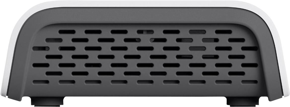 Ein kleines, graues elektronisches Gerät mit Lüftungsschlitzen an der Vorderseite. Es sieht aus wie ein externes Laufwerk oder ein Router.