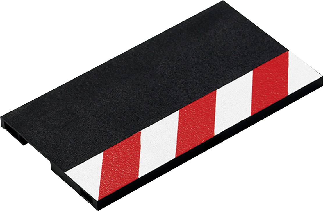 Ein schwarzes rechteckiges Objekt mit weißen und roten diagonalen Streifen auf einer Seite, ähnlich einer Warntafel.