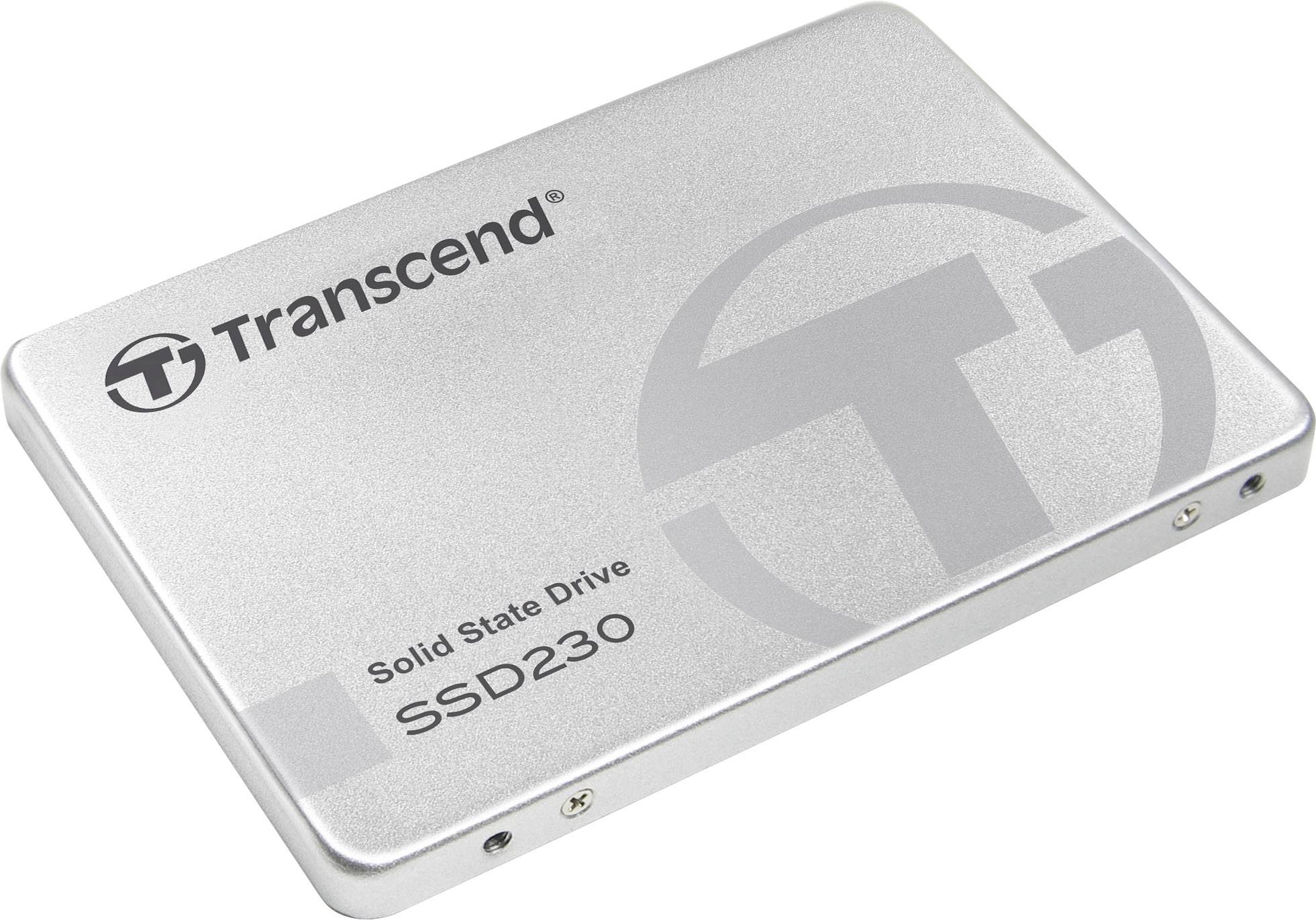 Silberne externe Festplatte mit der Aufschrift 'Transcend Solid State Drive SSD230'. Sie hat ein schlichtes, rechteckiges Design.