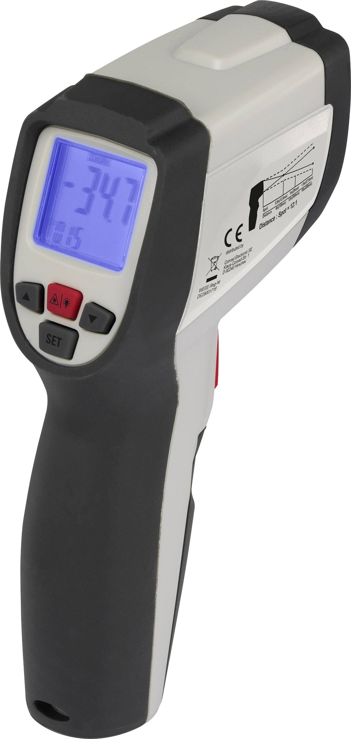 Digitales Infrarot-Thermometer mit blau beleuchtetem Display zeigt -34,7.