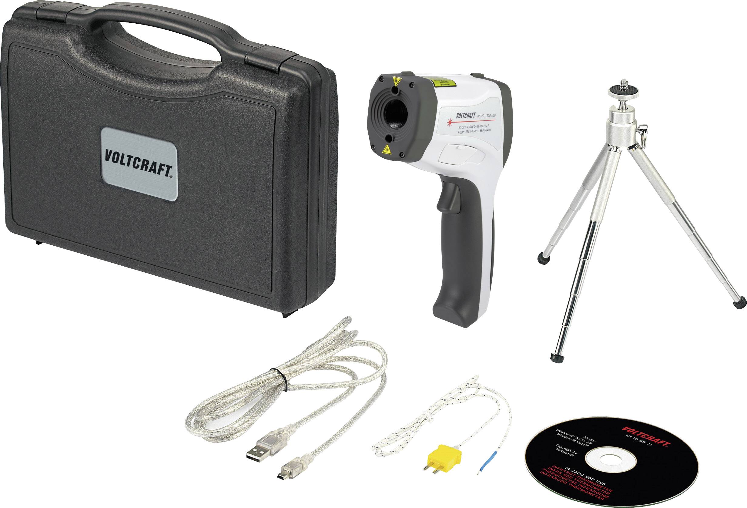 Tragbarer Infrarot-Temperaturmesser, Stativ, USB-Kabel, Gelbtype-Thermoelement, CD, alles in einem schwarzen Hartschalenkoffer.