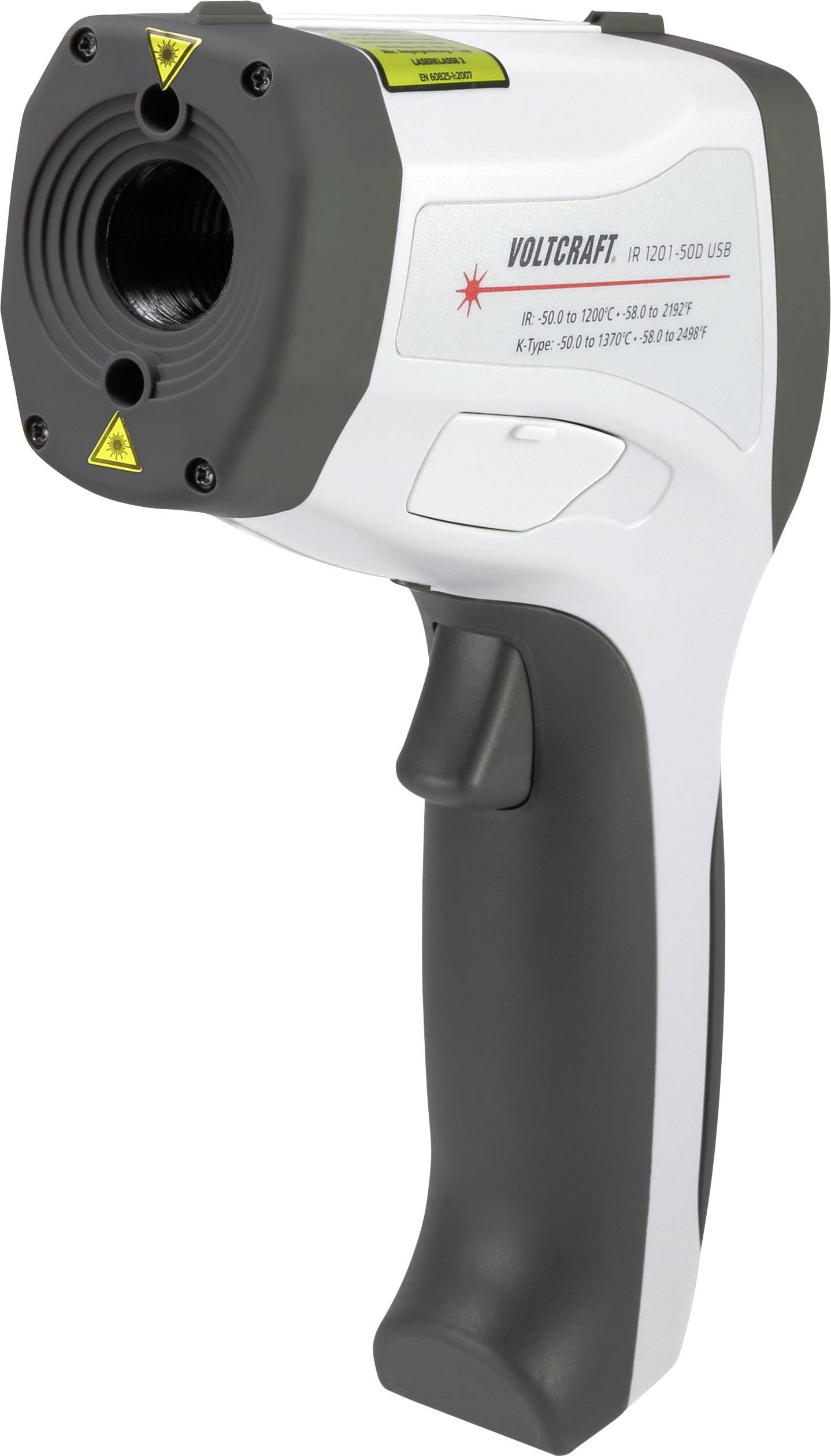 Ein digitales Infrarot-Thermometer mit ergonomischem Griff und Display, für präzise Temperaturmessungen in technischen Anwendungen.
