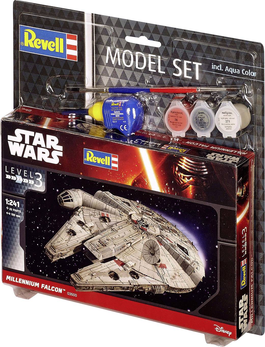 Bausatz von Revell für das 'Star Wars Millennium Falcon', inklusive Farben und Pinsel. Enthält Level 3 Modell für fortgeschrittene Bastler.