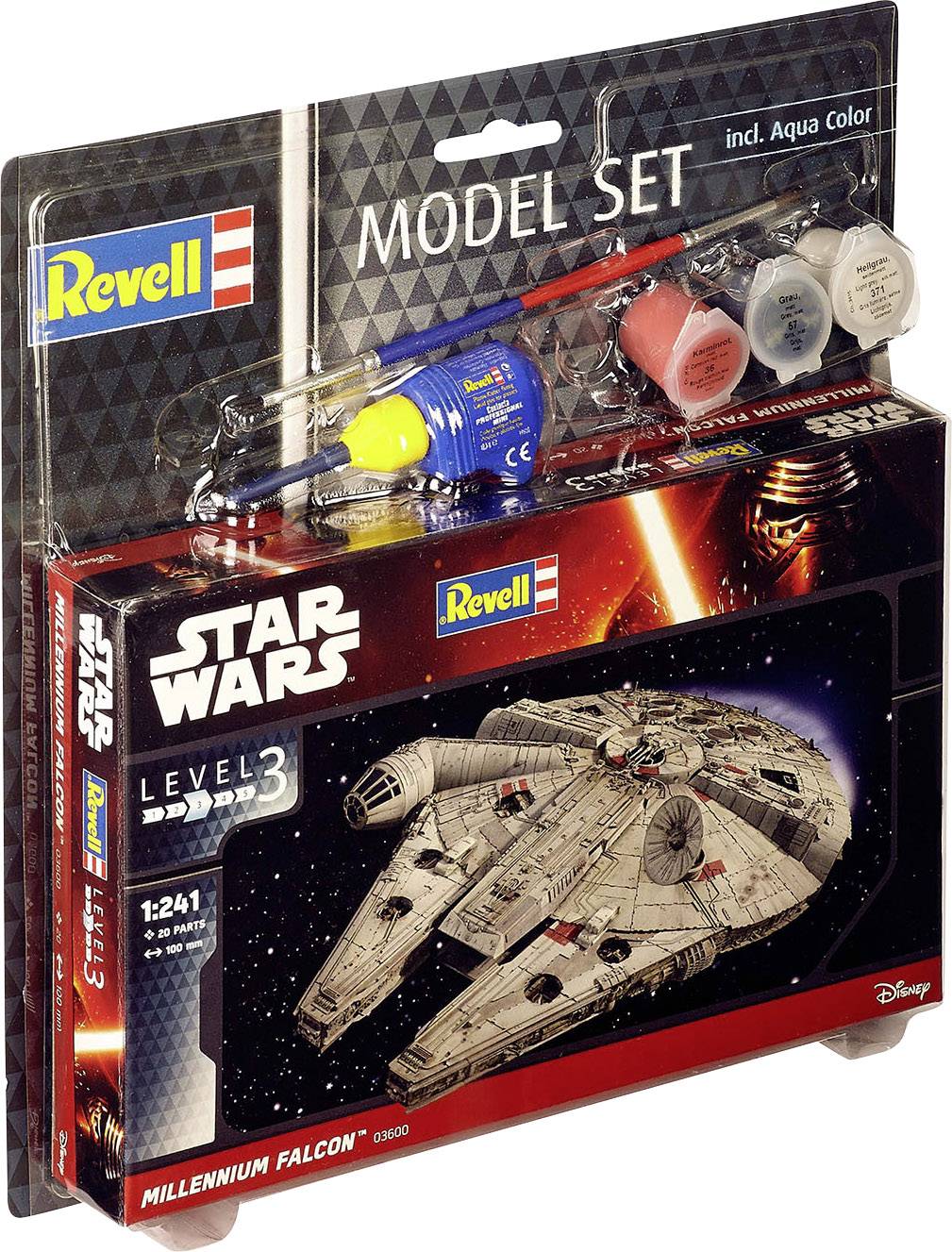 Modellbausatz von Revell: 'Star Wars Millennium Falcon', Maßstab 1:241, Level 3. Beinhaltet Farben und Kleber. Verpackung zeigt das Raumschiff.