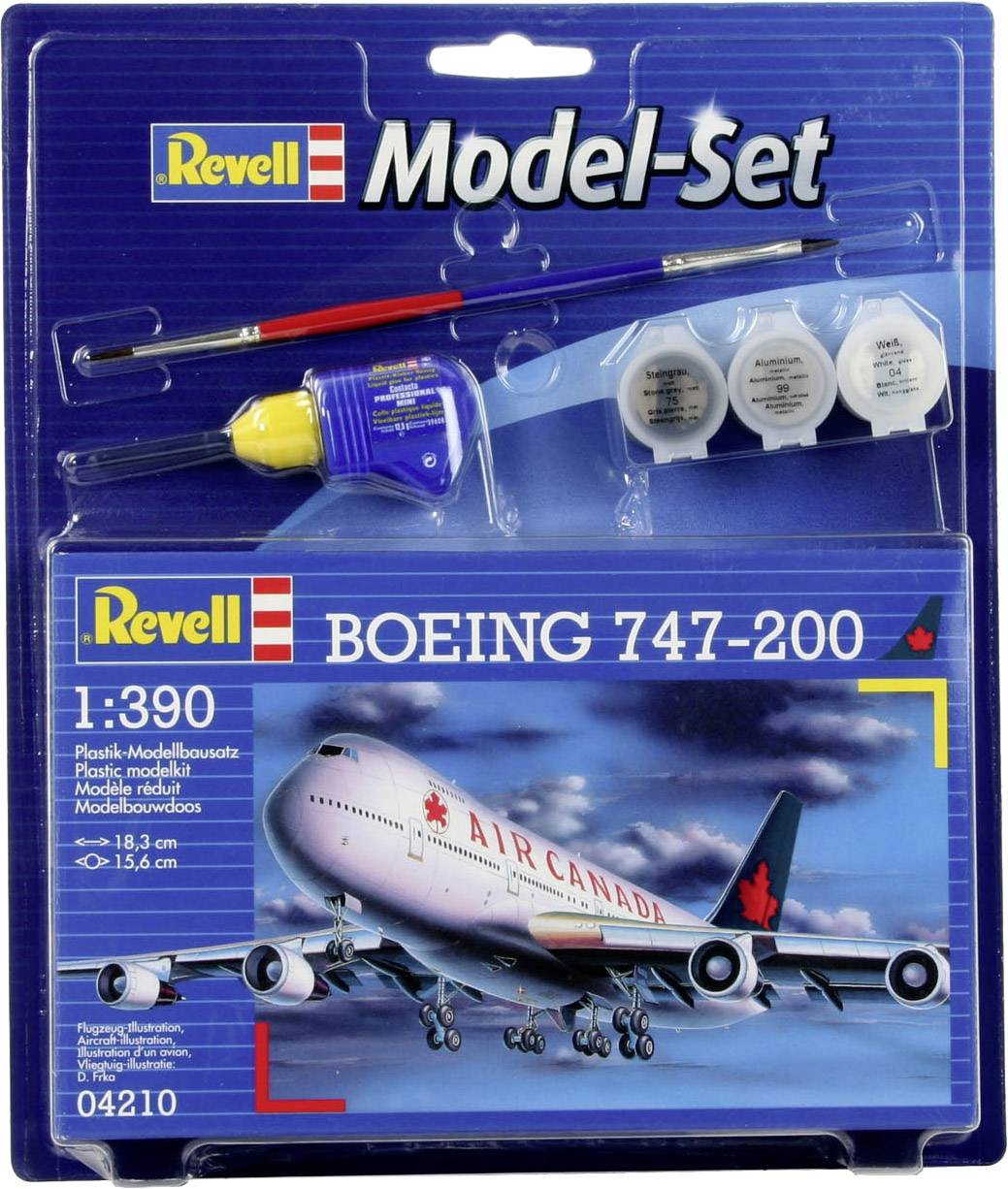 Revell Modellset Boeing 747-200 im Maßstab 1:390, enthält Kleber, Pinsel und Farben, Verpackungsdesign mit Flugzeugabbildung.