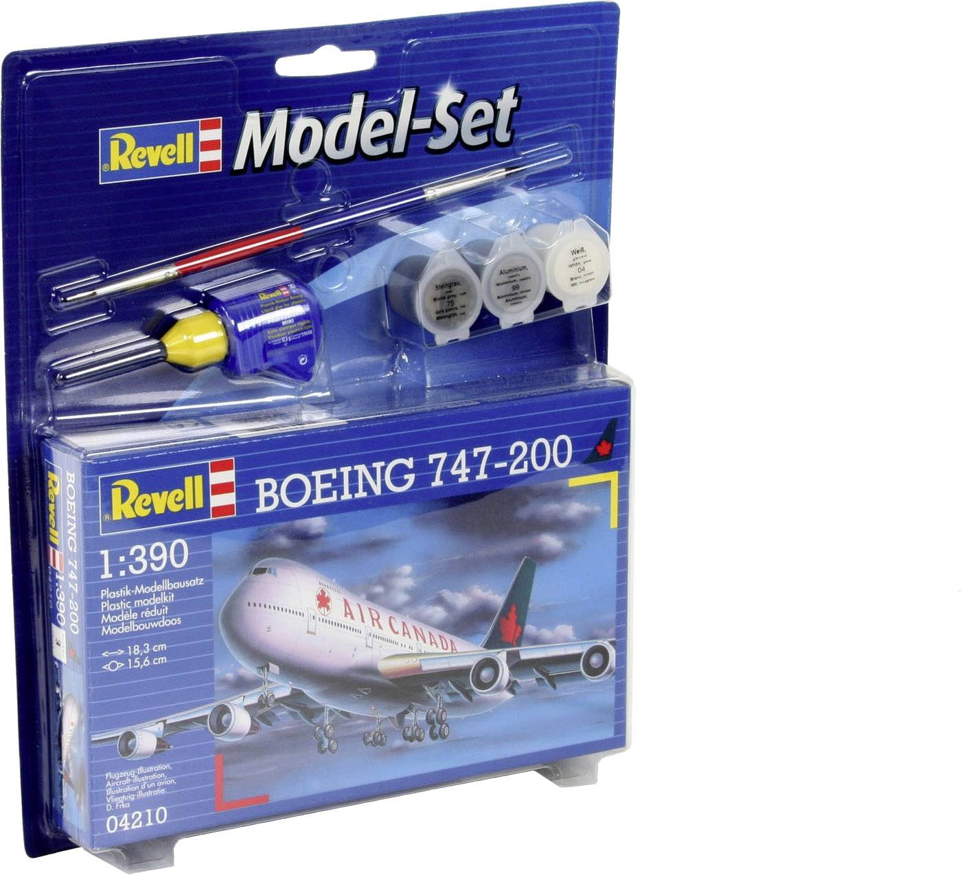 Revell Modellbausatz für eine Boeing 747-200 im Maßstab 1:390 mit Zubehör wie Farben und Pinsel. Verpackung zeigt ein Air Canada Flugzeug.