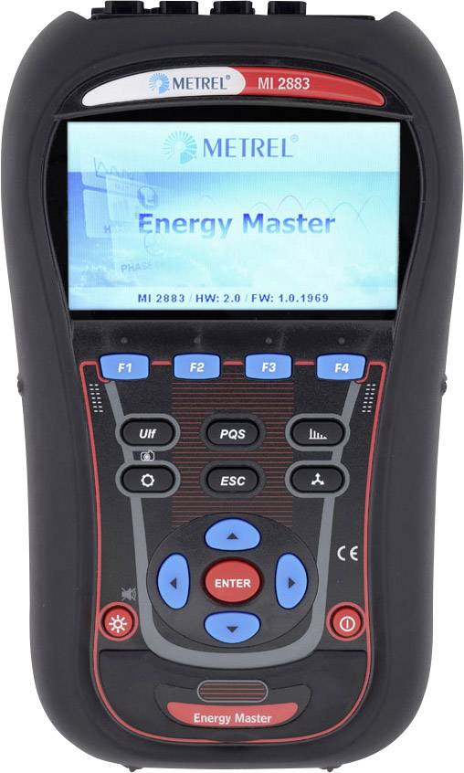 Energie-Analysegerät 'Energy Master' mit Displayanzeige, Tastenfeld und mehreren Funktionsknöpfen zur Messung elektrischer Werte.