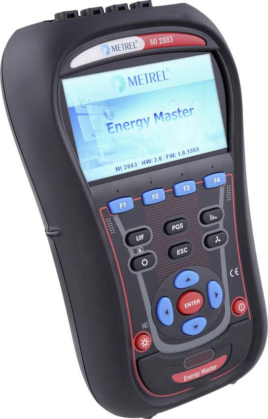 Ein Handgerät namens 'Energy Master' von Metrel zur Analyse von Energieverbrauch, mit Display und mehreren Funktionstasten.