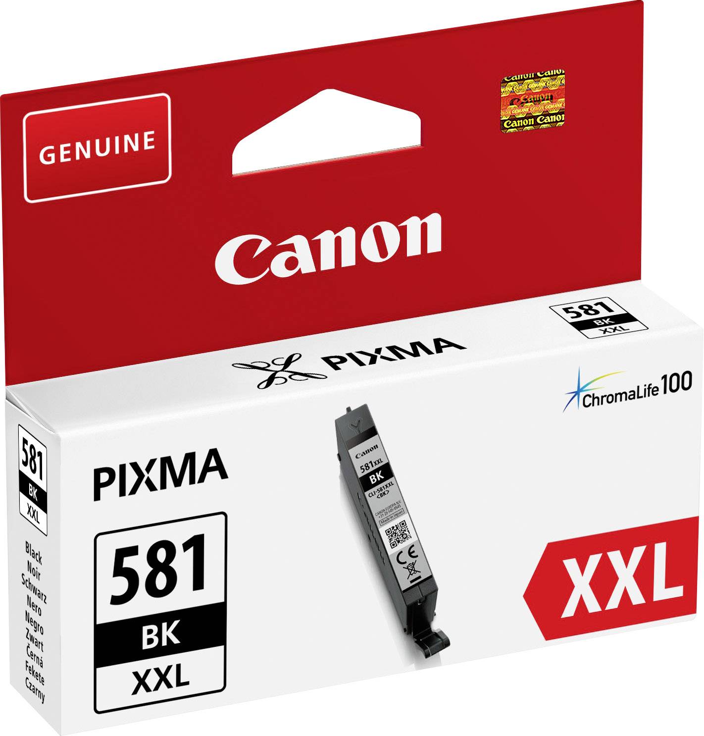 Tintenpatrone Canon 581 BK XXL für PIXMA-Drucker, Schwarz, ChromaLife100, in Verpackung mit rotem und weißem Design.