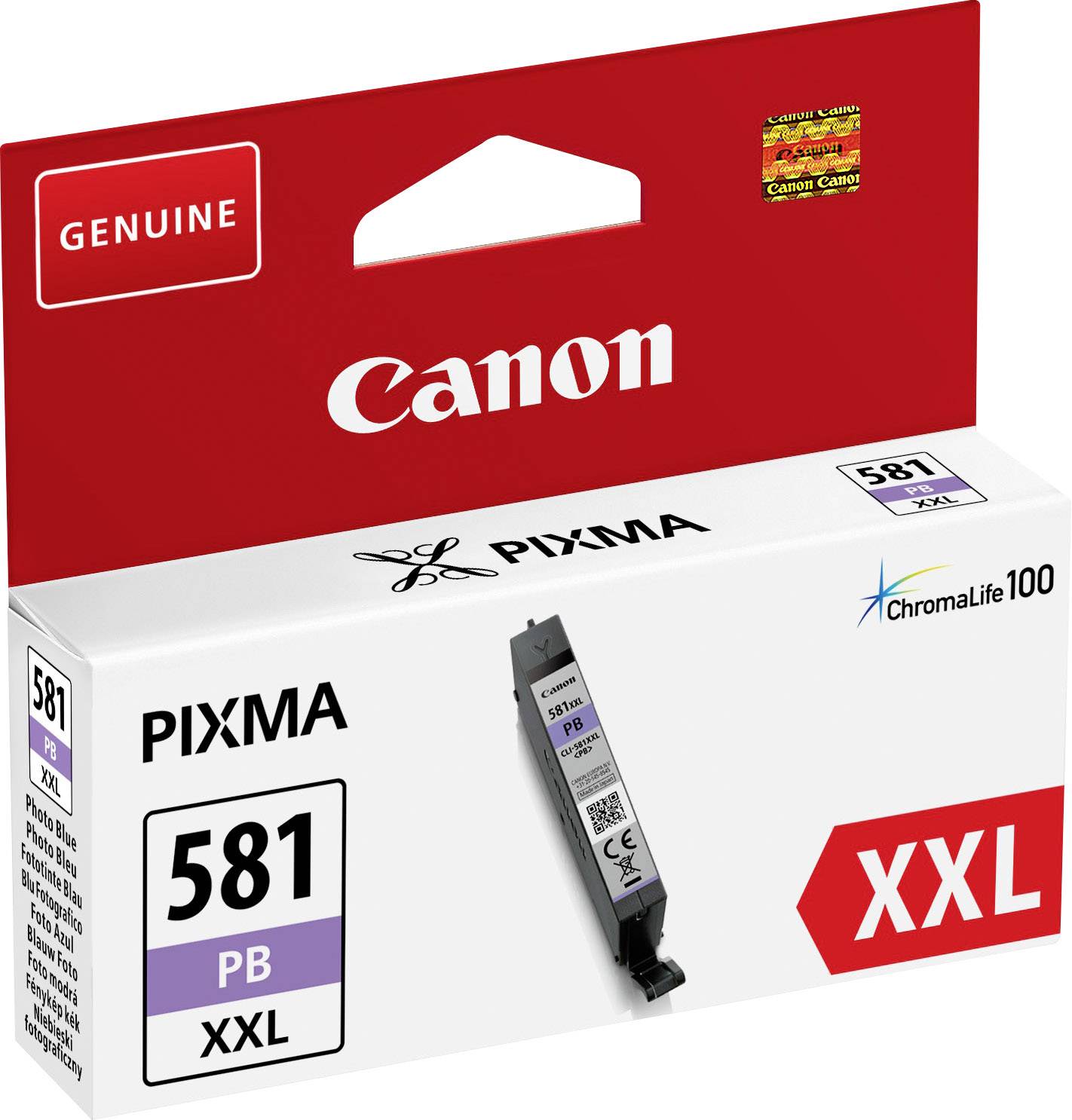 Canon Tintenpatrone für PIXMA-Drucker, Modell 581 XXL, Farbe Photo Blue, Verpackung zeigt Markenlogo und Produktdetails.