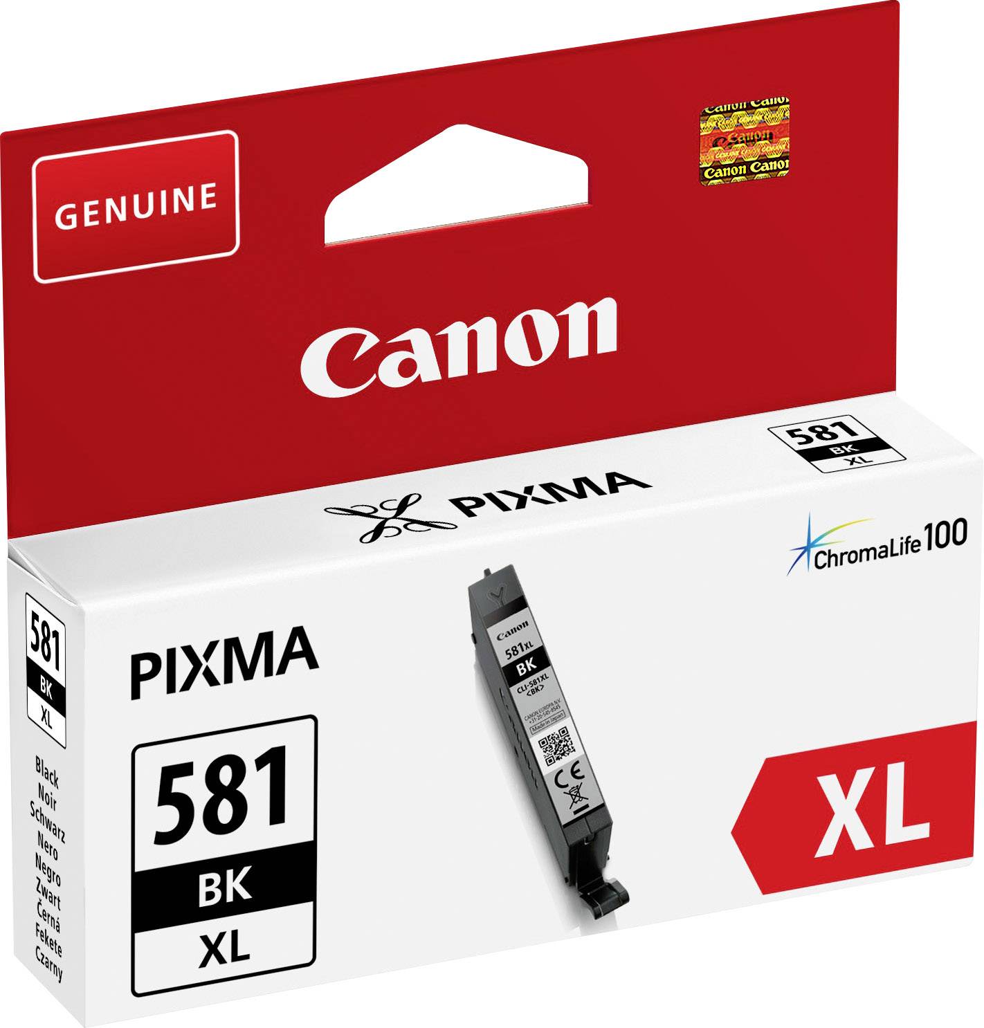 'Druckerpatrone Canon PIXMA 581 BK XL, schwarz, für ChromaLife100, auf roter Verpackung mit 'Genuine' und 'XL' Hervorhebungen.'
