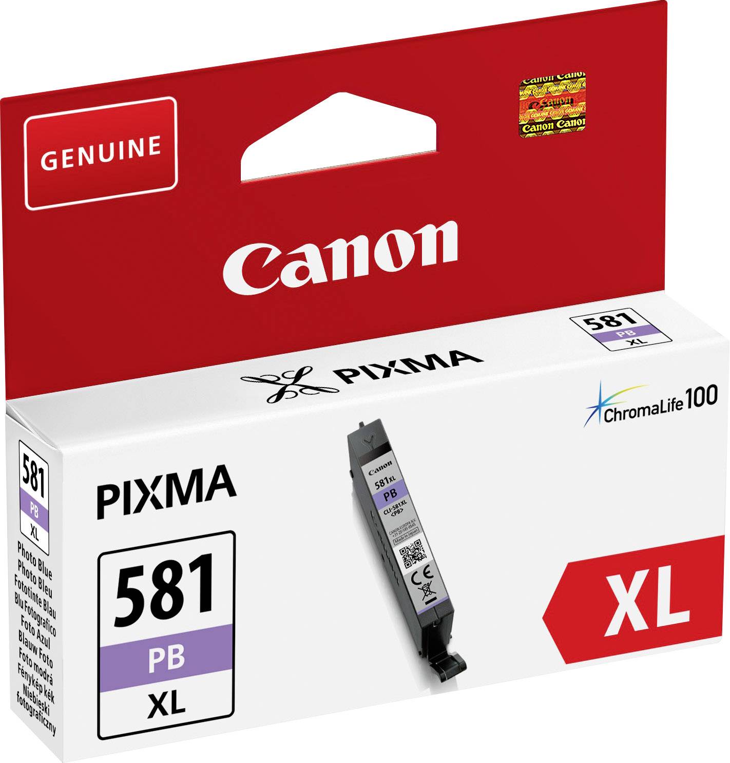 Canon Pixma Tintenpatrone, Modell 581 PB, XL-Größe, in rot-weißer Verpackung. Enthält eine ChromaLife100 Tinte für Drucker.