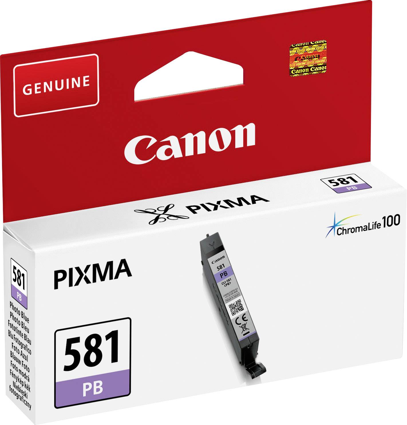 Canon Druckerpatrone 581 PB, Verpackung mit roten und weißen Farben, Text 'Genuine' und 'ChromaLife100', zeigt Tintenpatrone.