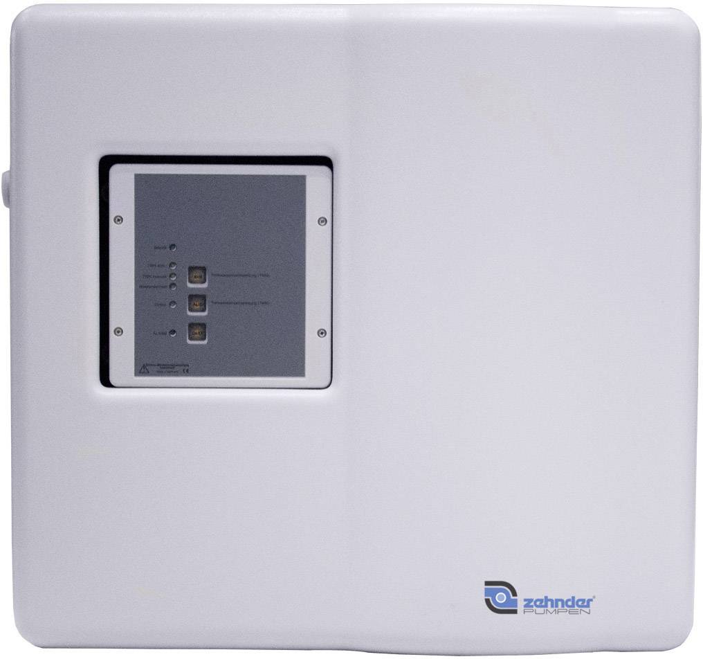 Ein weißes Wandgerät mit grauem Bedienfeld zeigt drei Icons mit LEDs. Unten rechts ist ein Logo mit dem Text 'zehnder'.