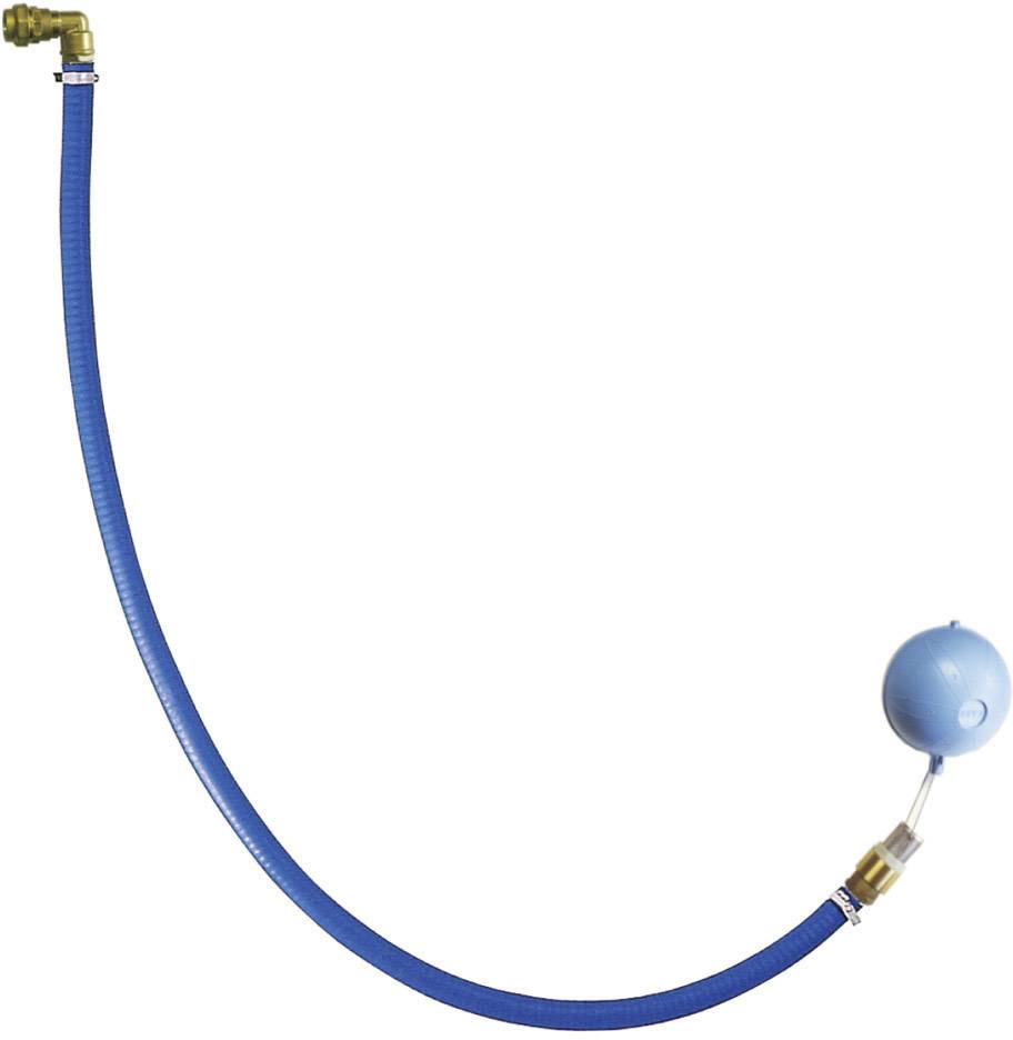 Ein blauer Gartenschlauch mit einem Wasserball am Ende und einem Messinganschluss oben.