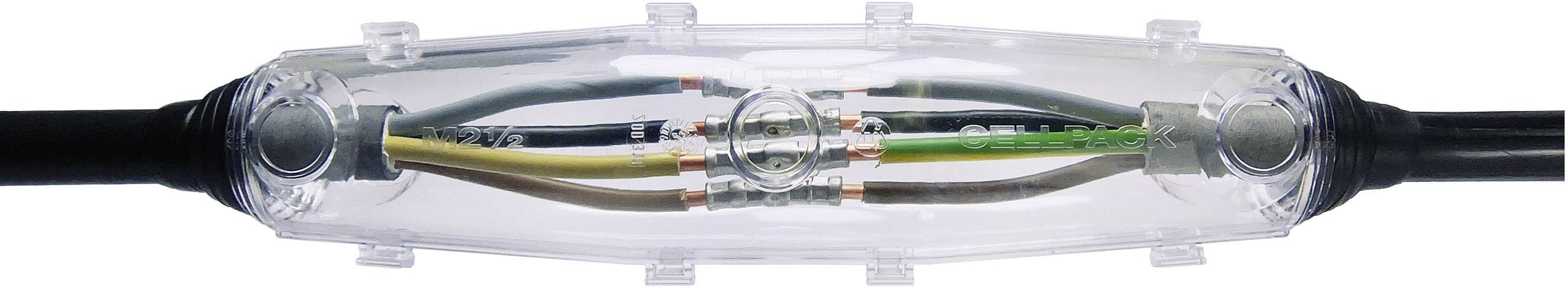 Ein transparenter Kabelverbinder zeigt den Zusammenschluss mehrerer Drähte innerhalb einer schützenden Hülle.